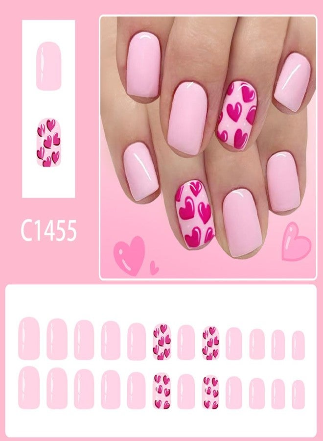 OSTTMA 24Pcs Pink Heart Press on Nails Short Square Fake Nails Valentine Nail Tips Cute Glossy Heart Glue on Nail Full Cover Valentines Stick on Nails for Women Manicure - Image 2